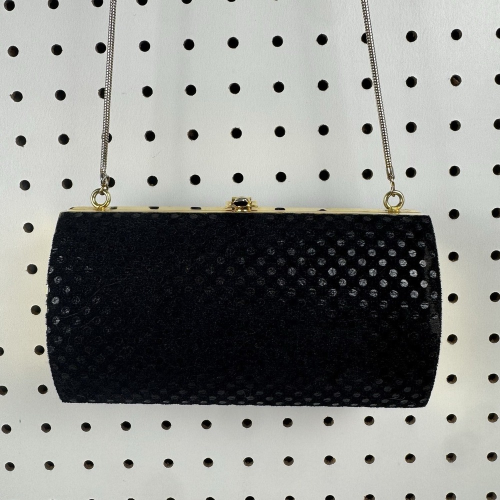Vtg Black Velvet Box Clutch Evening‎ Purse Gold Frame Chain Strap Glam